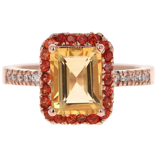 2.91 Carat Emerald Cut Citrine, Sapphire Diamond 14 Karat Gold Engagement Ring
