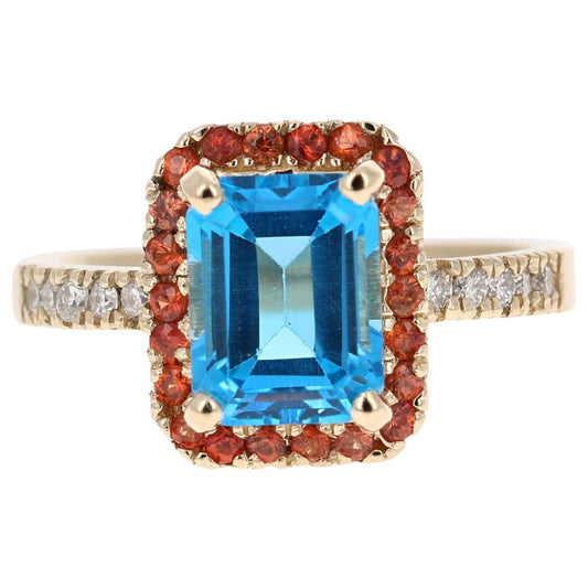 3.41 Carat Blue Topaz Sapphire Diamond 14 Karat Yellow Gold Ring