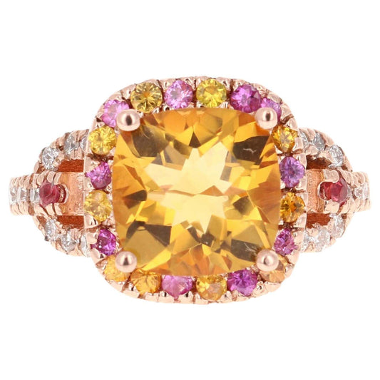 5.10 Carat Citrine Pink Sapphire Diamond 14 Karat Rose Gold Ring
