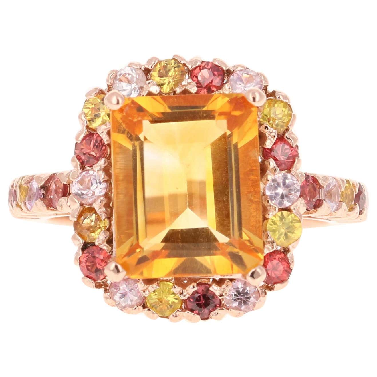 5.29 Carat Citrine Multisapphire 14 Karat Rose Gold Ring