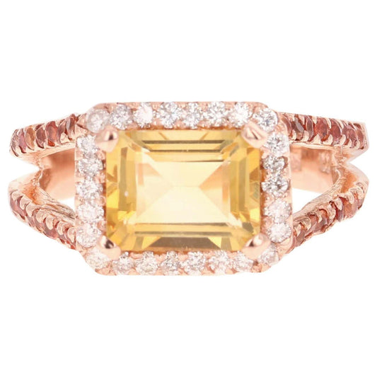 3.22 Carat Emerald Cut Citrine, Sapphire and Diamond 14 Karat Rose Gold Ring
