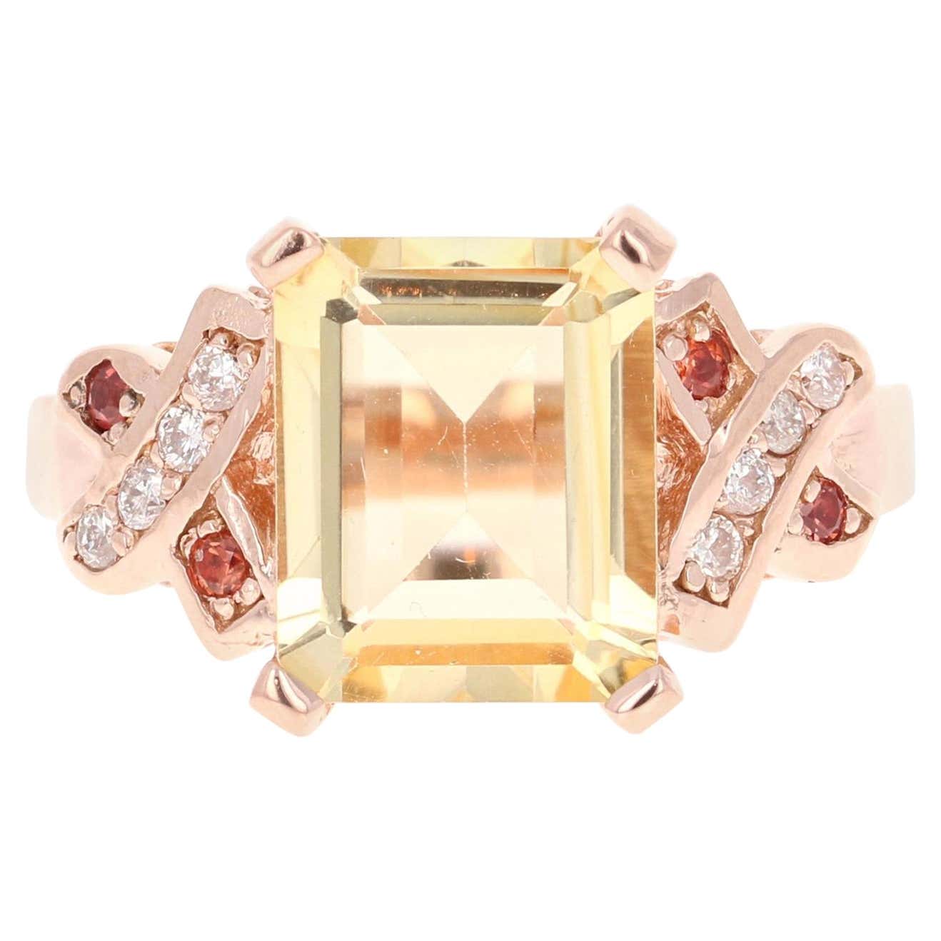 3.93 Carat Emerald Cut Citrine, Sapphire and Diamond 14 Karat Rose Gold Ring