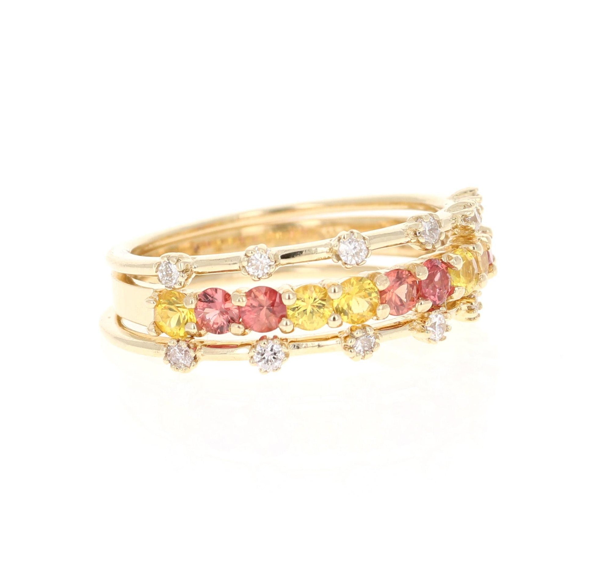 1.14 Carat Red and Yellow Sapphire Diamond 14 Karat Yellow Gold Stackable Bands
