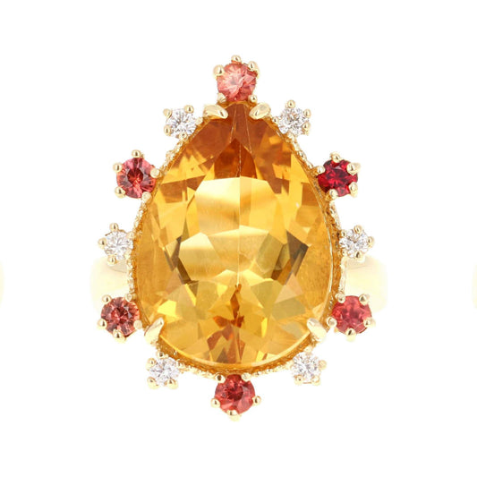 11.09 Carat Pear Cut Citrine Sapphire Diamond 14 Karat Yellow Gold Ring