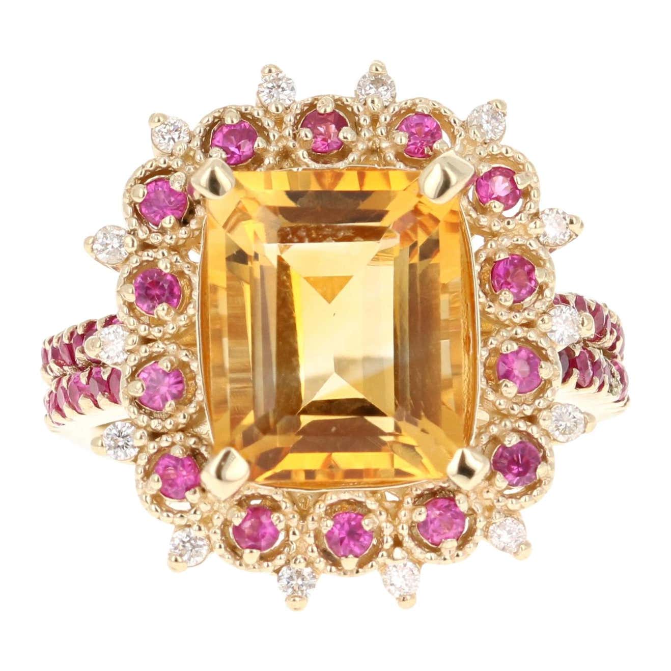 5.31 Carat Citrine Sapphire Diamond 14 Karat Yellow Gold Ring