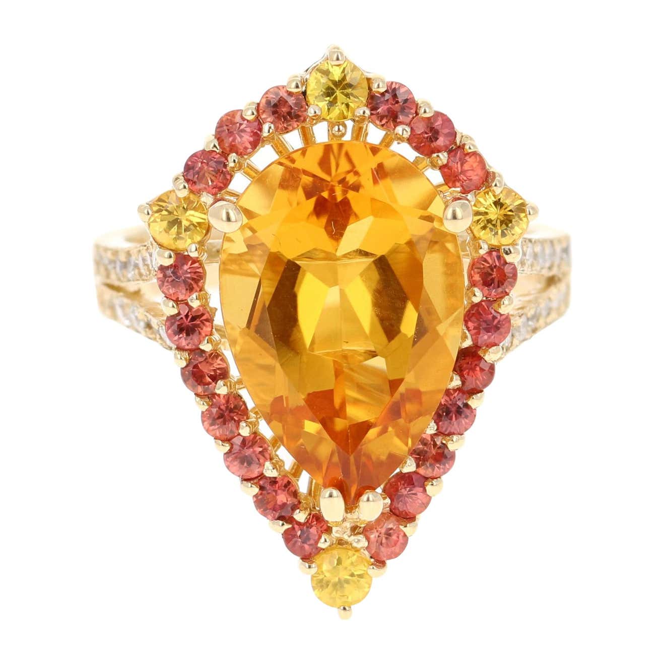 6.52 Carat Pear Cut Citrine Sapphire and Diamond 14 Karat Yellow Gold Ring