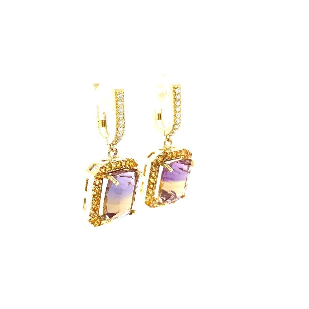 12.54 Carat Ametrine Sapphire Diamond Yellow Gold Drop Earrings