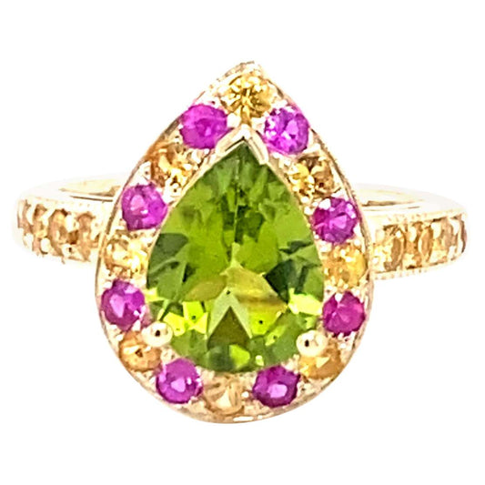 3.16 Ct Peridot, Pink Sapphire Yellow Sapphire 14K Yellow Gold Ring