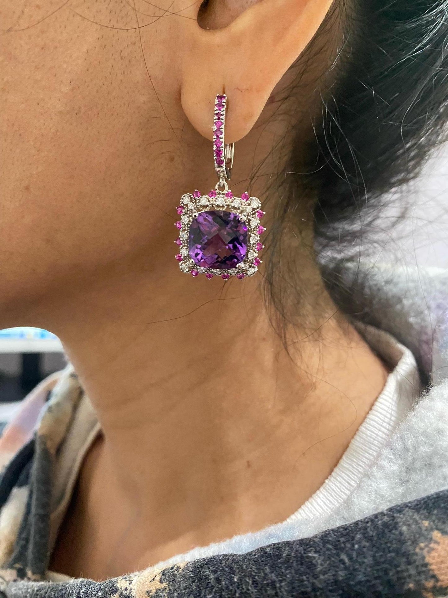 13.69 Carat Amethyst Sapphire and Diamond White Gold Drop Earrings