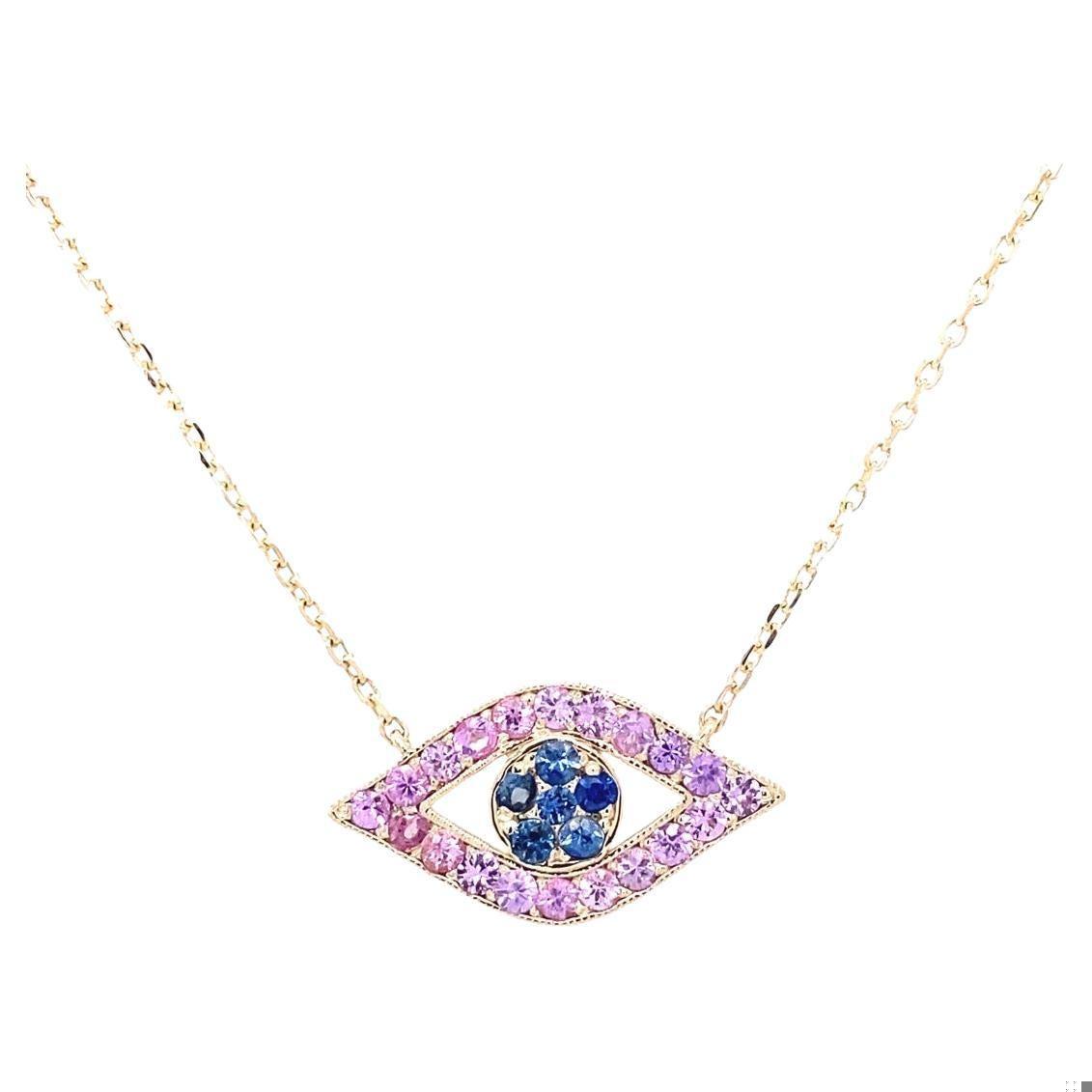 1.42 Carat Blue Pink Sapphire Yellow Gold Evil Eye Chain Pendant