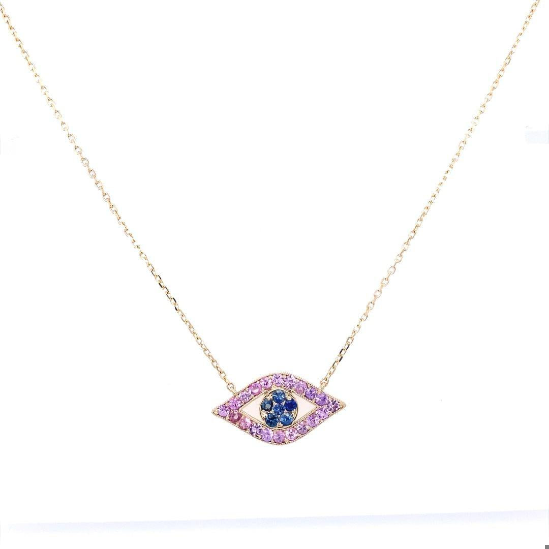 1.42 Carat Blue Pink Sapphire Yellow Gold Evil Eye Chain Pendant