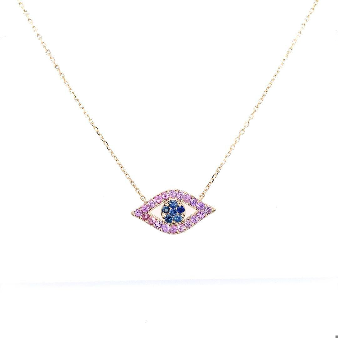 1.42 Carat Blue Pink Sapphire Yellow Gold Evil Eye Chain Pendant