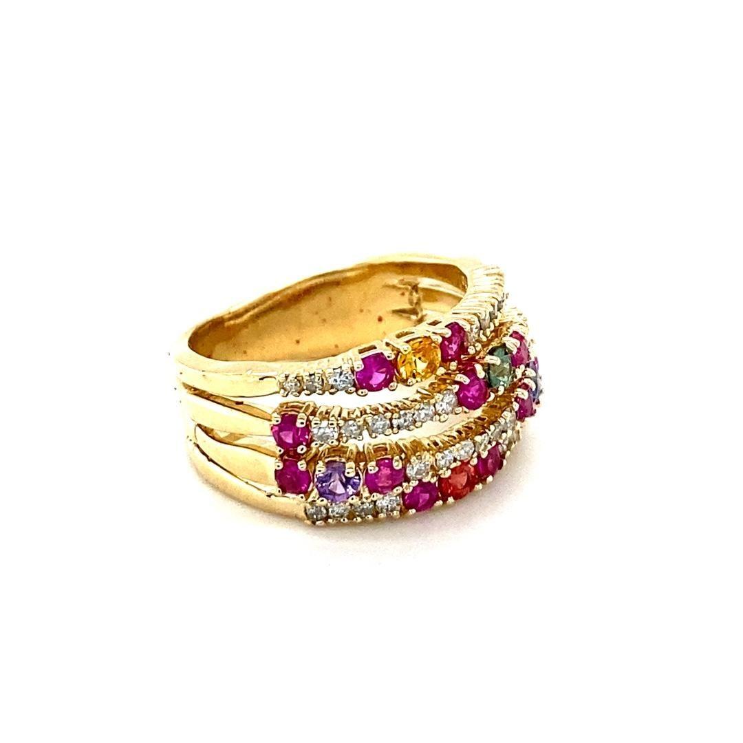 1.42 Carat Natural Multi Color Sapphire Diamond Yellow Gold Cocktail Ring