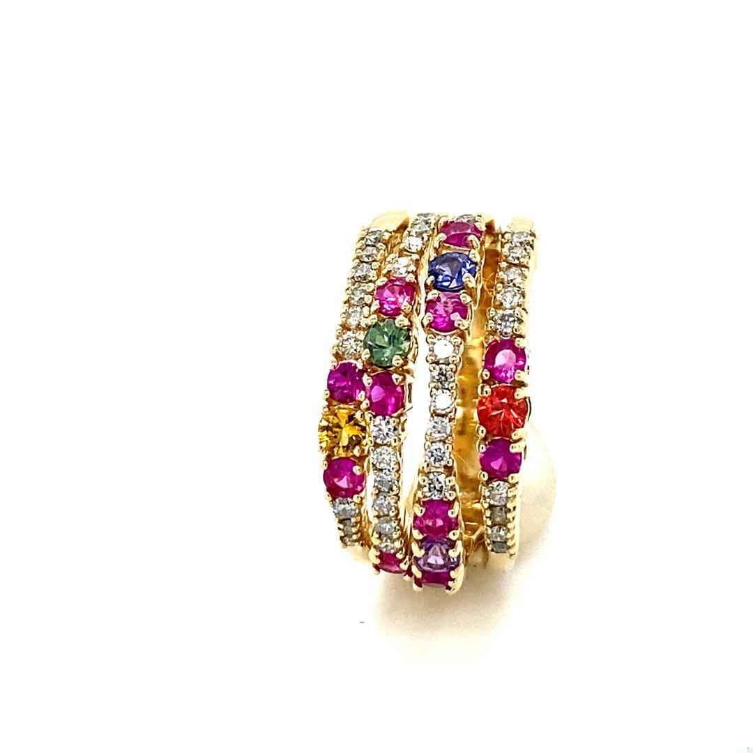 1.42 Carat Natural Multi Color Sapphire Diamond Yellow Gold Cocktail Ring
