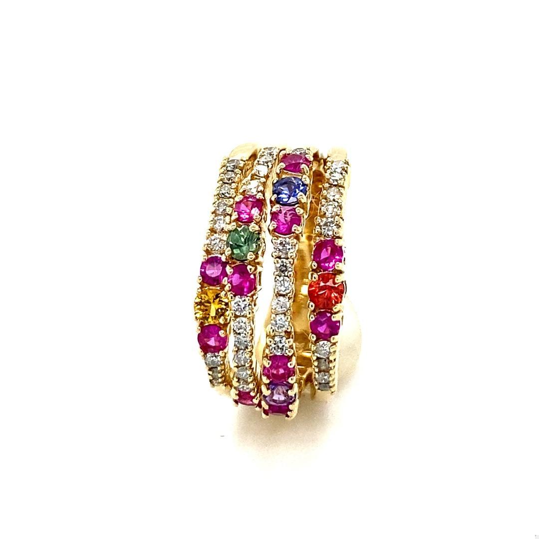 1.42 Carat Natural Multi Color Sapphire Diamond Yellow Gold Cocktail Ring