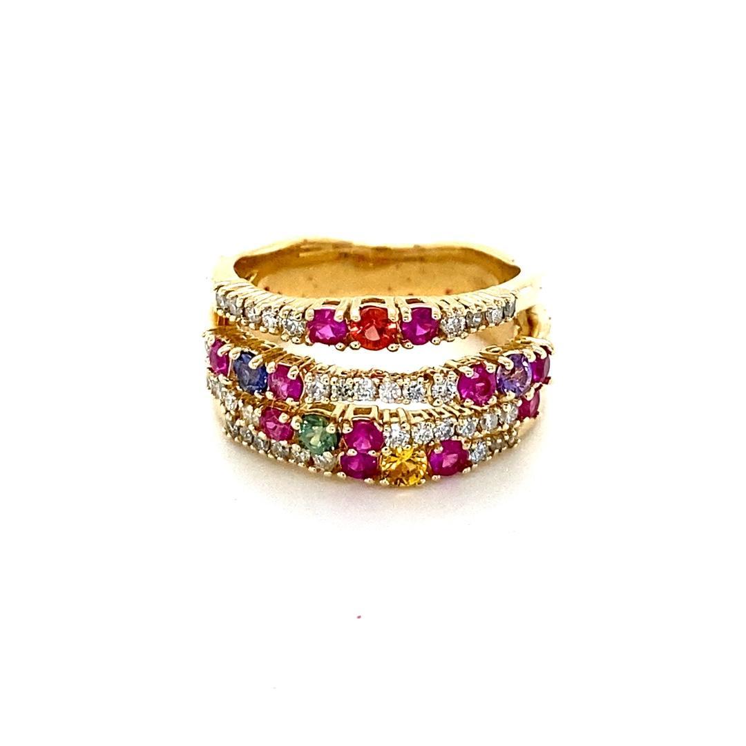 1.42 Carat Natural Multi Color Sapphire Diamond Yellow Gold Cocktail Ring