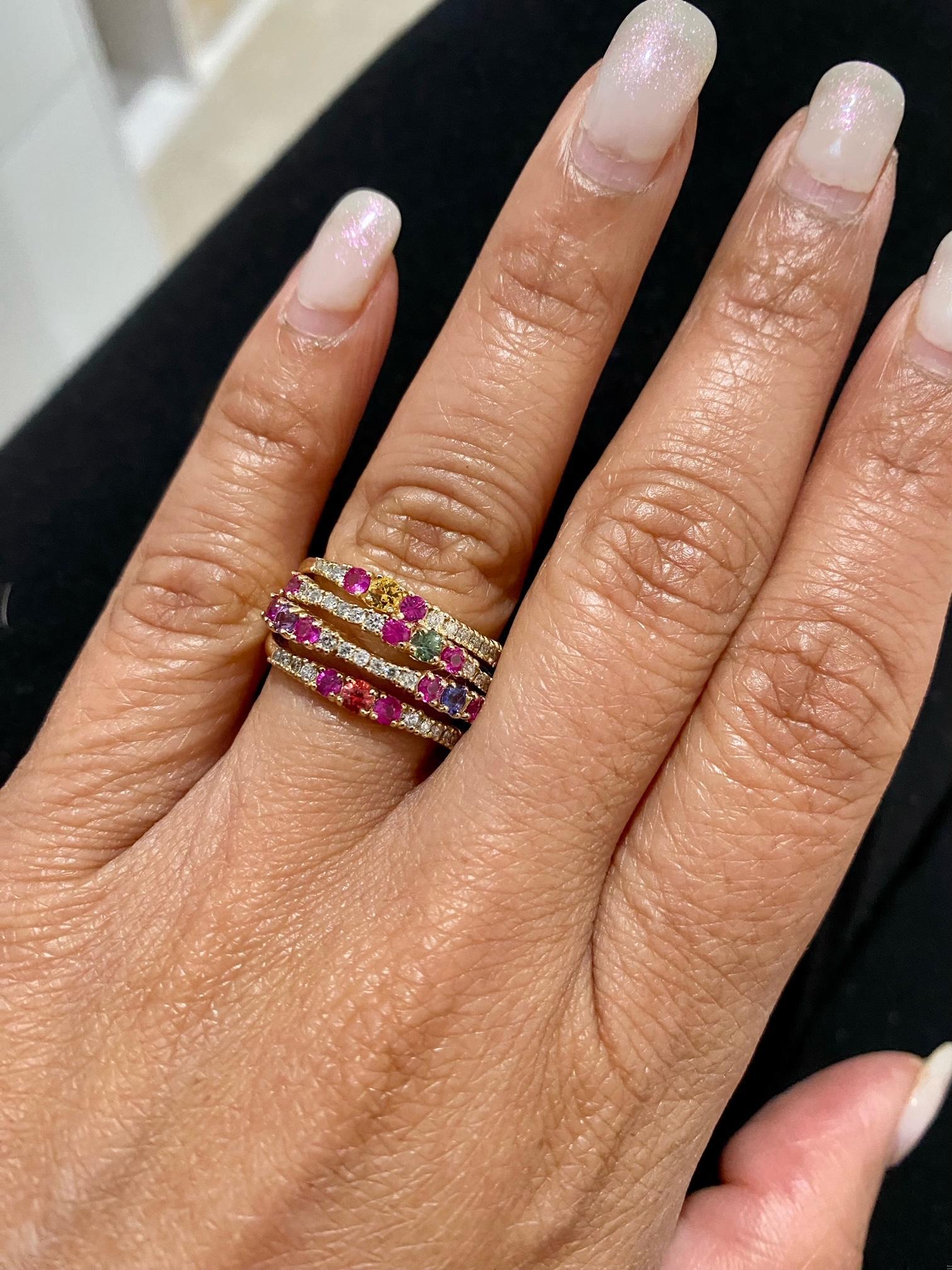 1.42 Carat Natural Multi Color Sapphire Diamond Yellow Gold Cocktail Ring