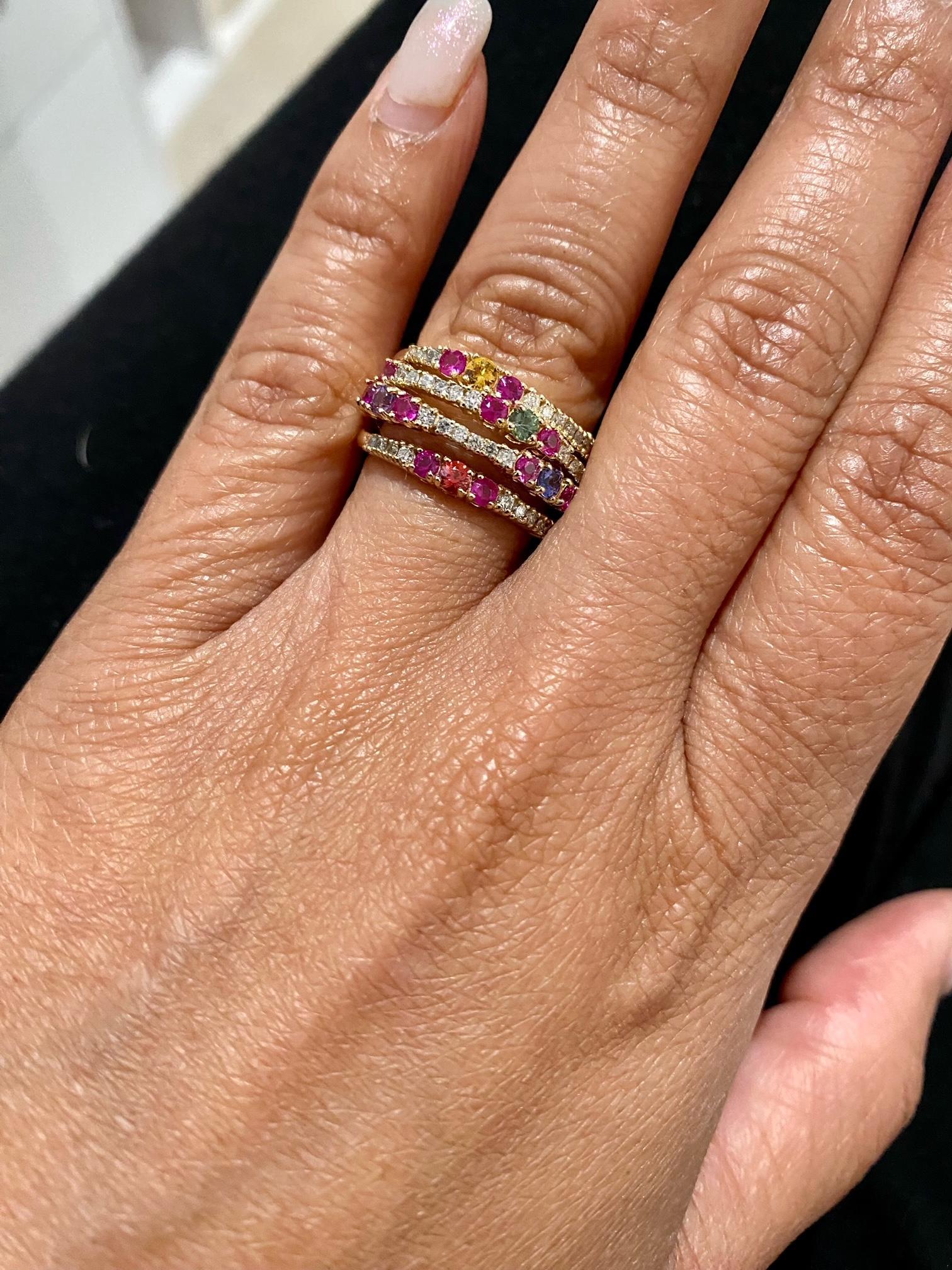1.42 Carat Natural Multi Color Sapphire Diamond Yellow Gold Cocktail Ring