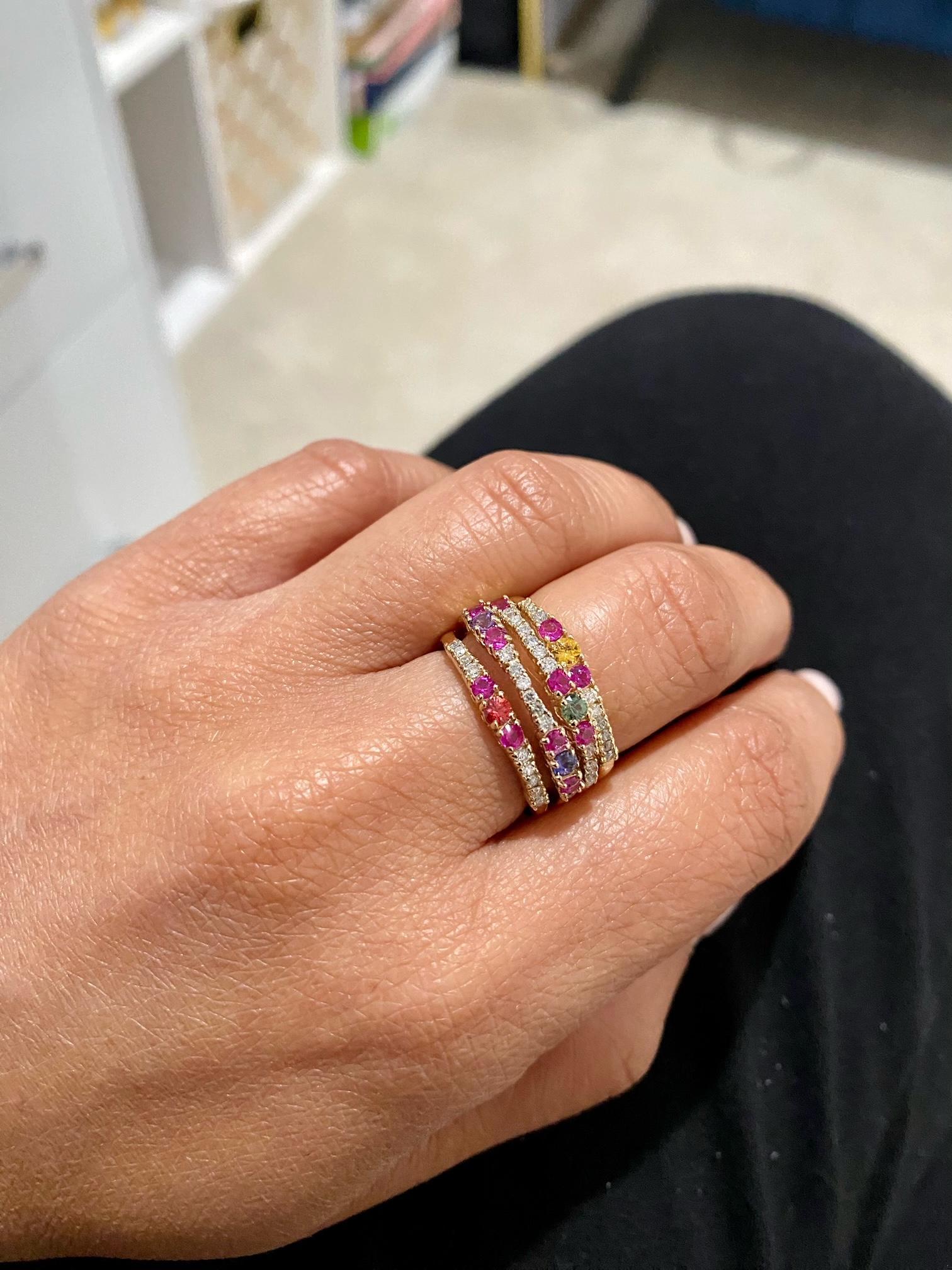 1.42 Carat Natural Multi Color Sapphire Diamond Yellow Gold Cocktail Ring