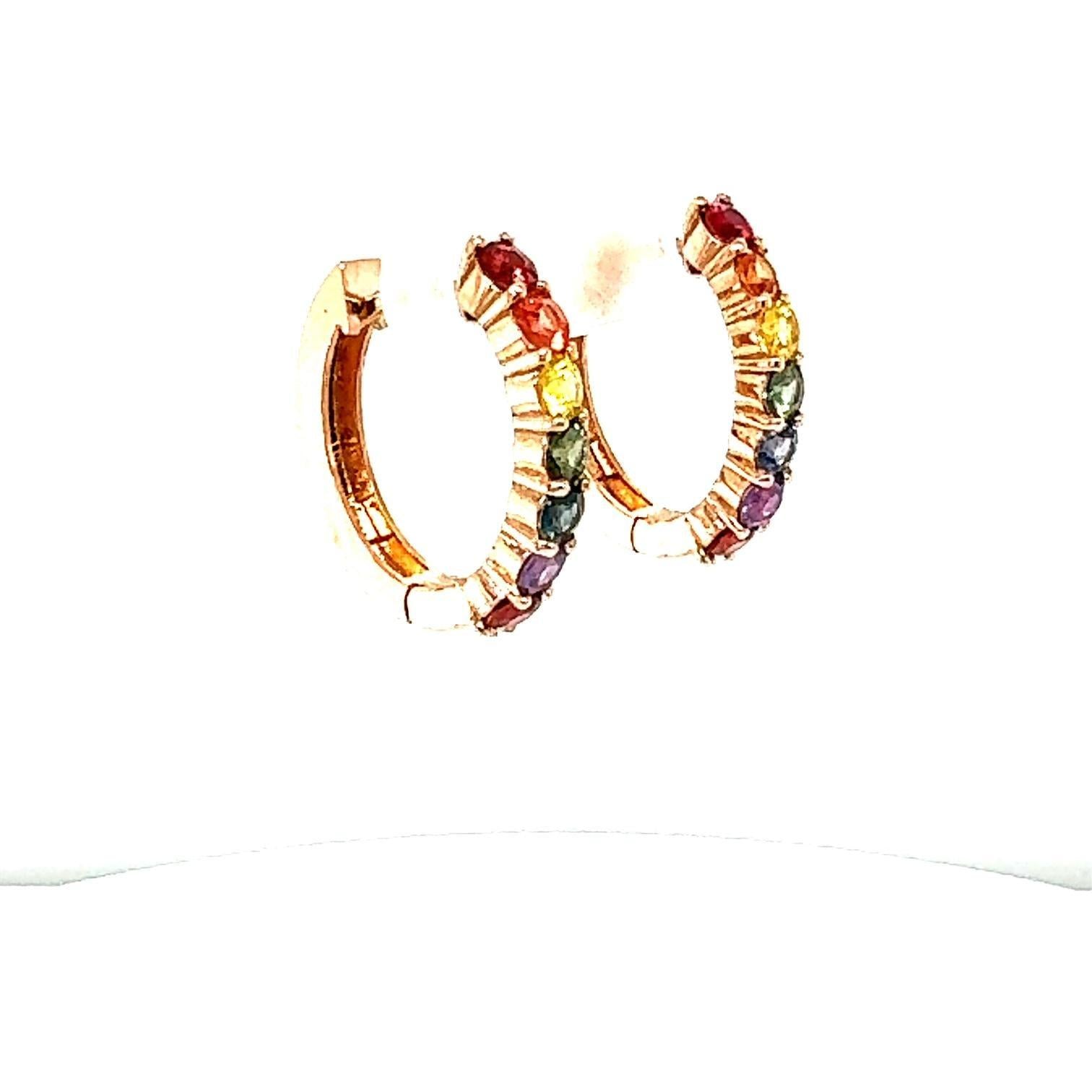 1.99 Carat Rainbow Sapphire Rose Gold Hoop Earrings