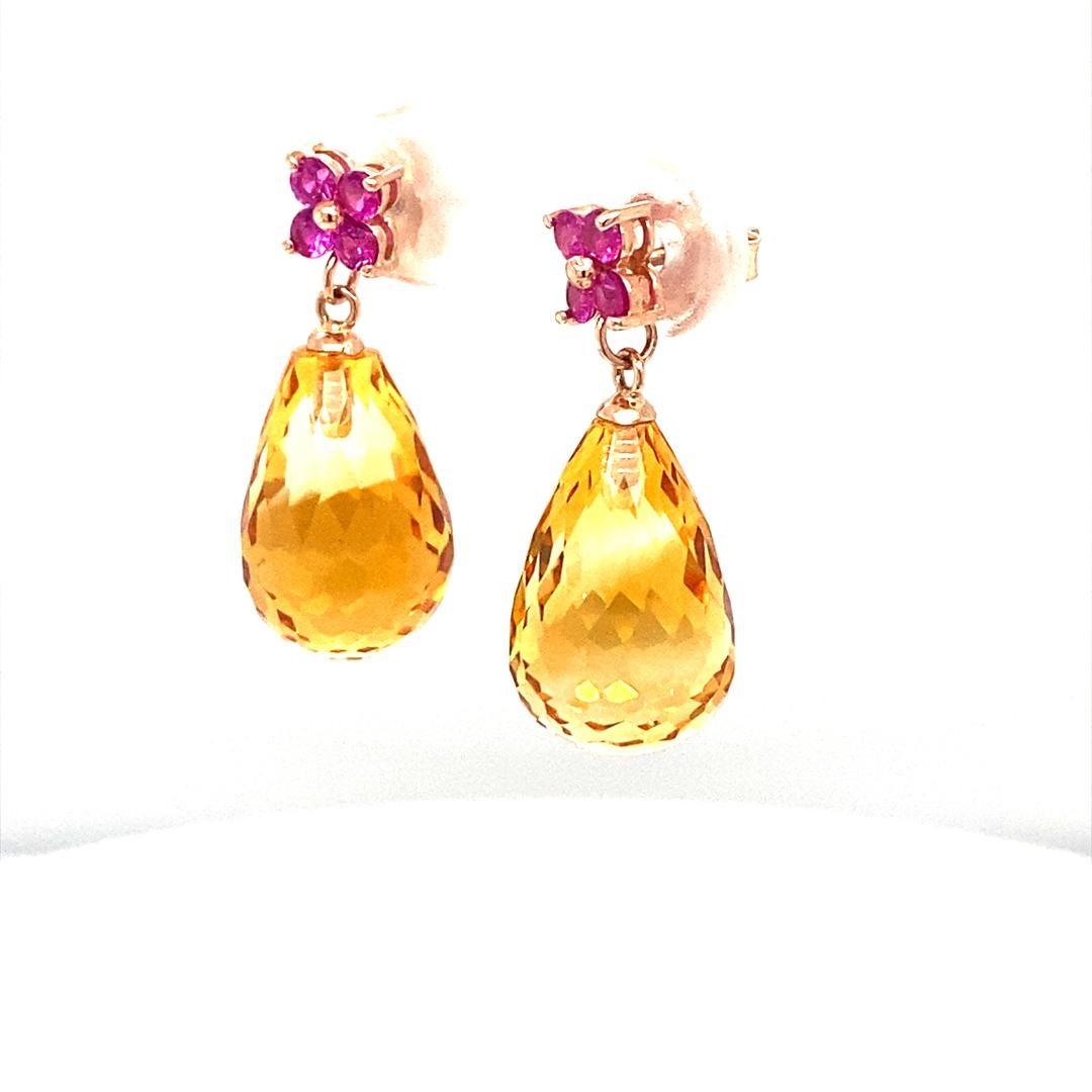 20.00 Citrine Pink Sapphire Rose Gold Drop Earrings