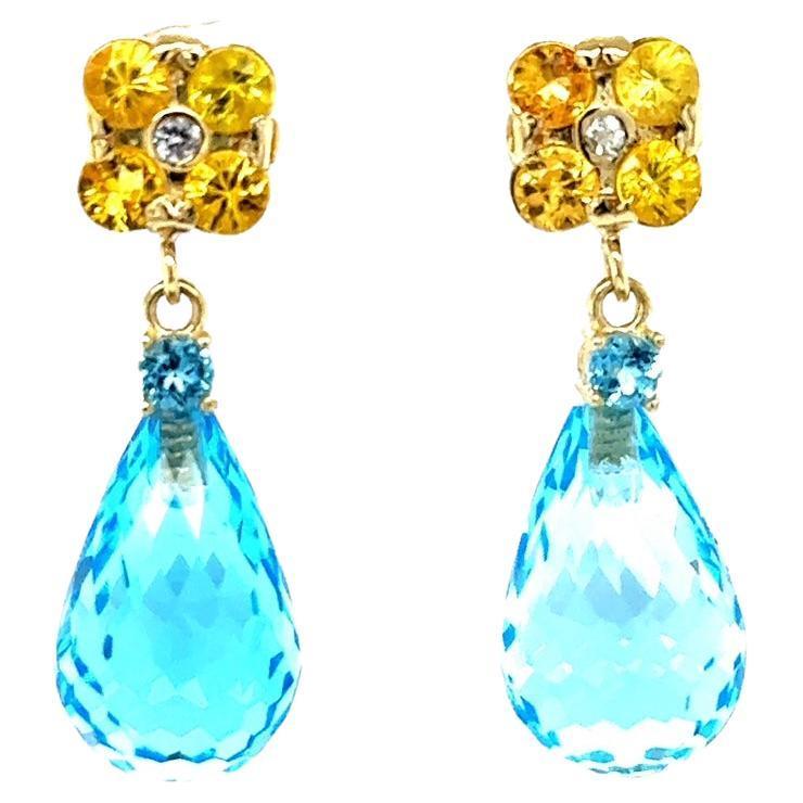 26.73 Carat Blue Topaz Yellow Sapphire Yellow Gold Drop Earrings