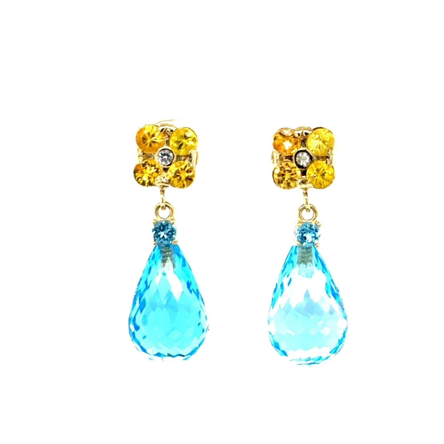 26.73 Carat Blue Topaz Yellow Sapphire Yellow Gold Drop Earrings