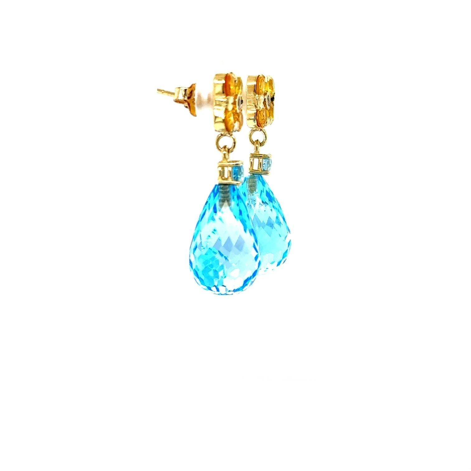 26.73 Carat Blue Topaz Yellow Sapphire Yellow Gold Drop Earrings