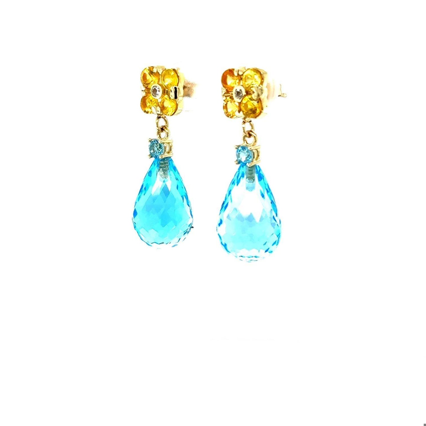 26.73 Carat Blue Topaz Yellow Sapphire Yellow Gold Drop Earrings