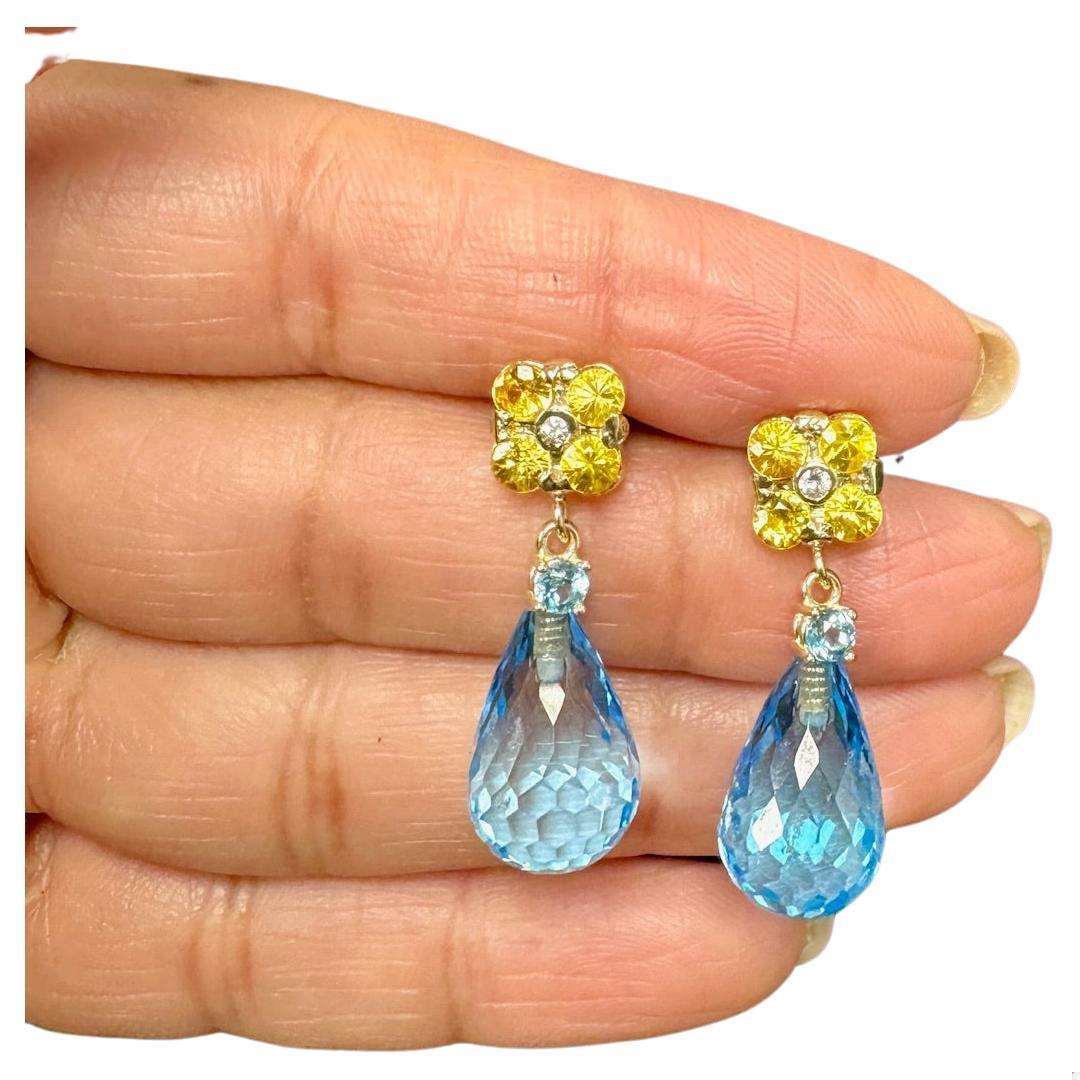 26.73 Carat Blue Topaz Yellow Sapphire Yellow Gold Drop Earrings