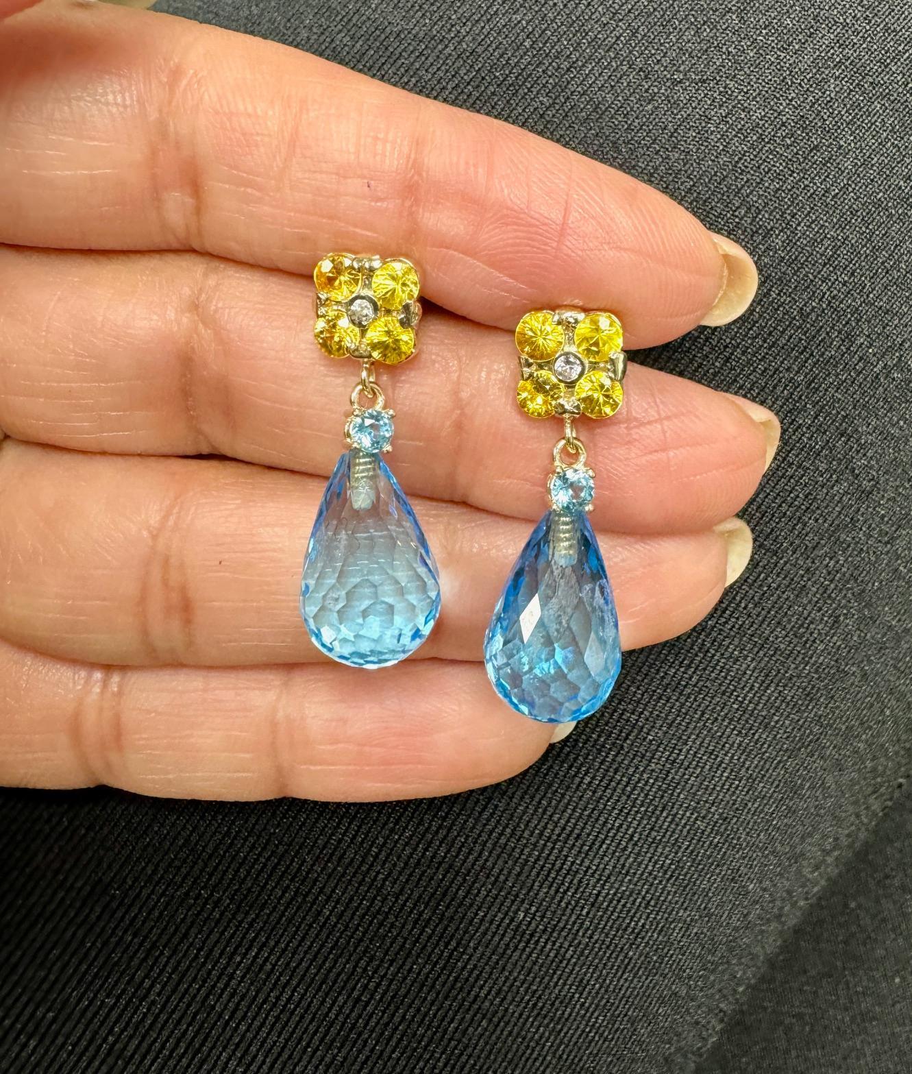 26.73 Carat Blue Topaz Yellow Sapphire Yellow Gold Drop Earrings