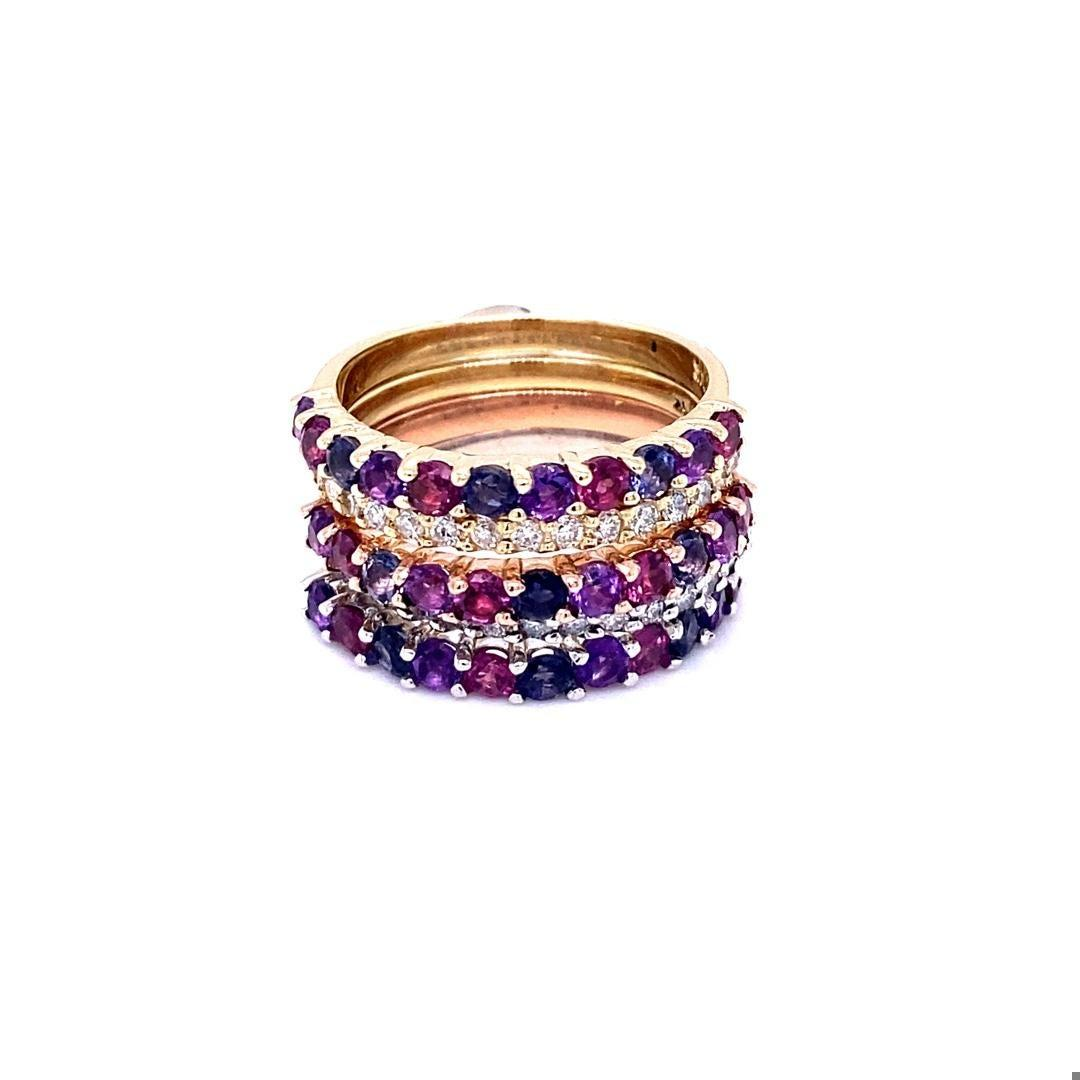 2.74 Carat Gemstone and Diamond Gold Stackable Bands
