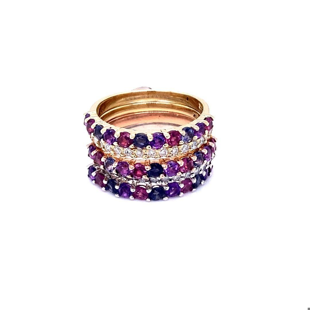 2.74 Carat Gemstone and Diamond Gold Stackable Bands
