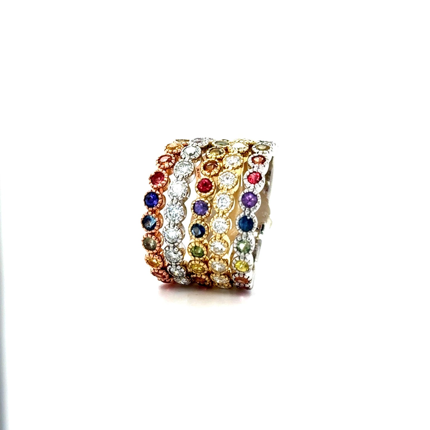 2.82 Carat Diamond and Multicolor Sapphire Stackable Gold Band Set