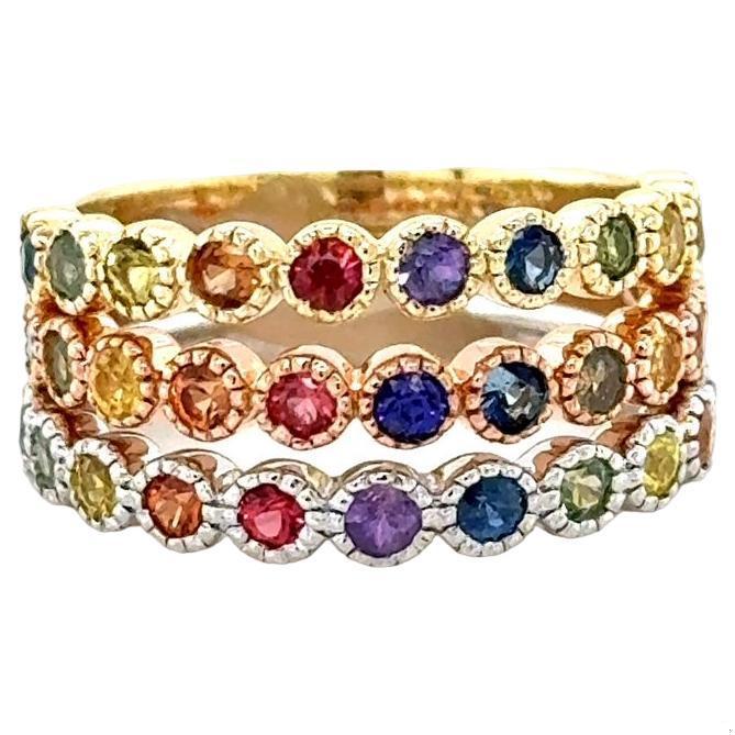 2.82 Carat Diamond and Multicolor Sapphire Stackable Gold Band Set