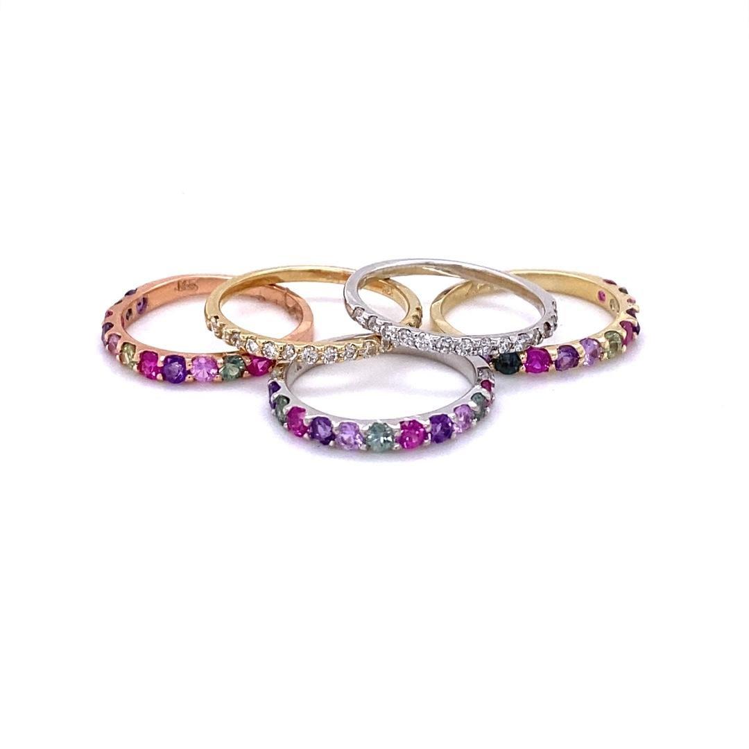 3.06 Carat Multi Color Sapphire and Diamond Stackable Gold Bands