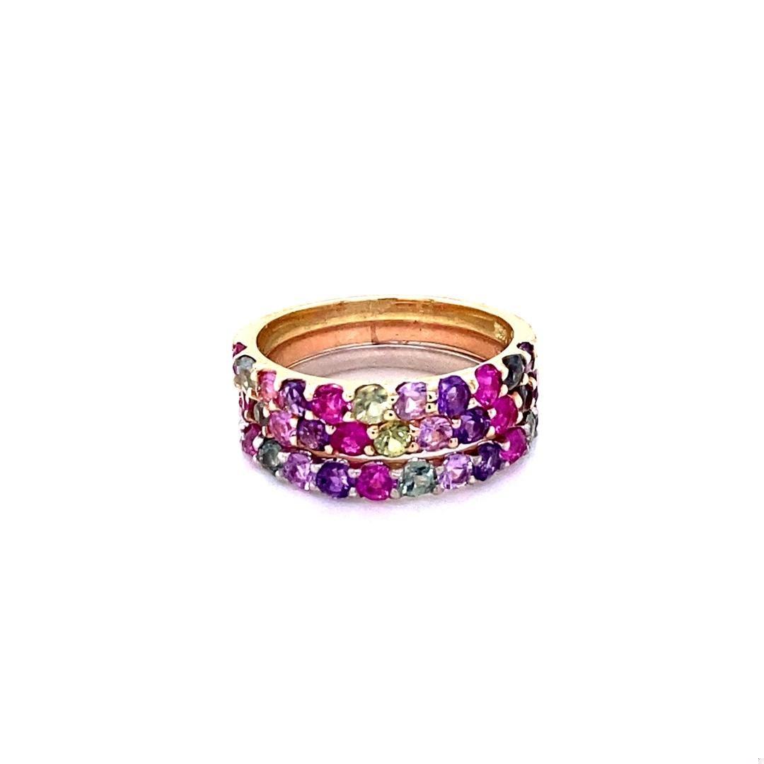 3.06 Carat Multi Color Sapphire and Diamond Stackable Gold Bands