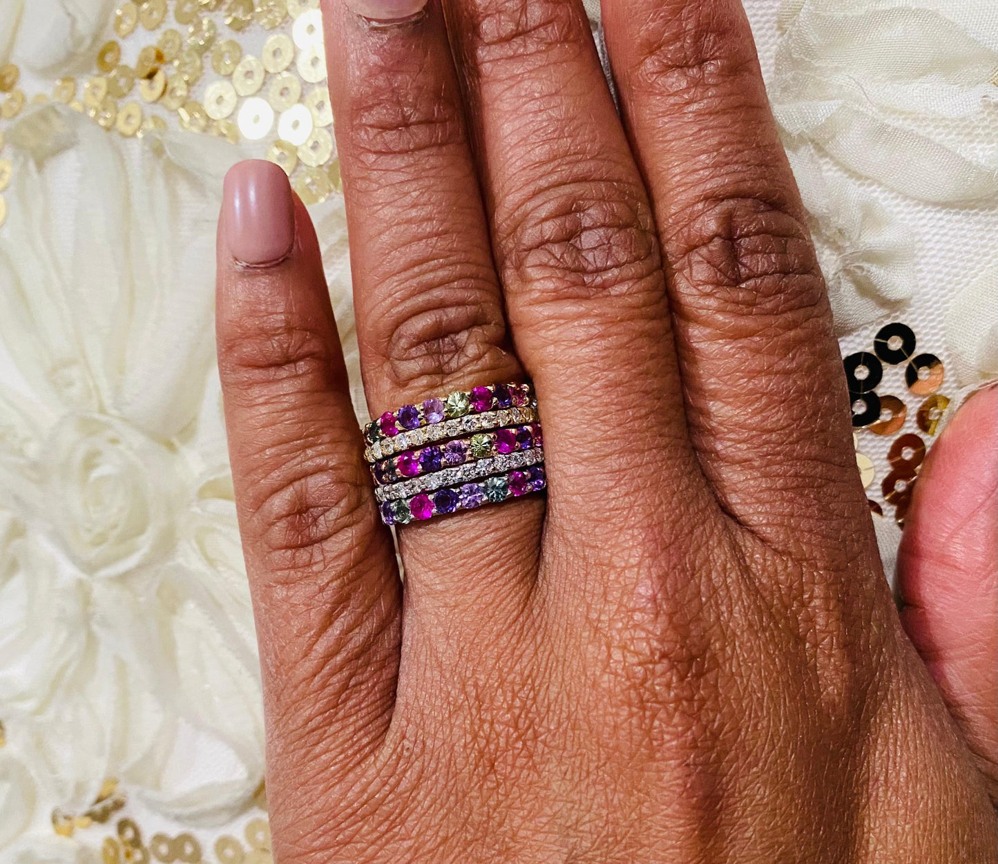 3.06 Carat Multi Color Sapphire and Diamond Stackable Gold Bands