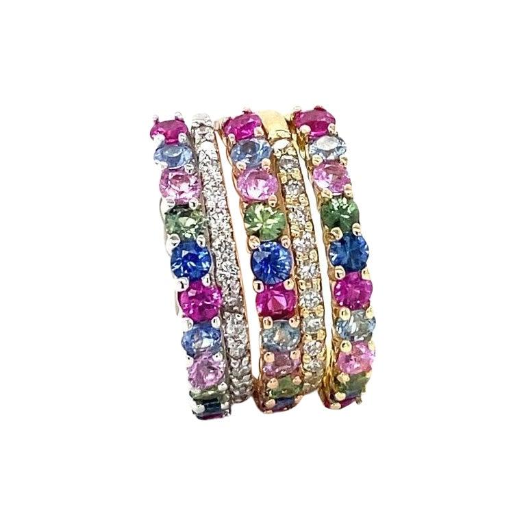 3.48 Carat Multicolor Sapphire Diamond Gold Stackable Bands