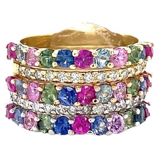 3.48 Carat Multicolor Sapphire Diamond Gold Stackable Bands