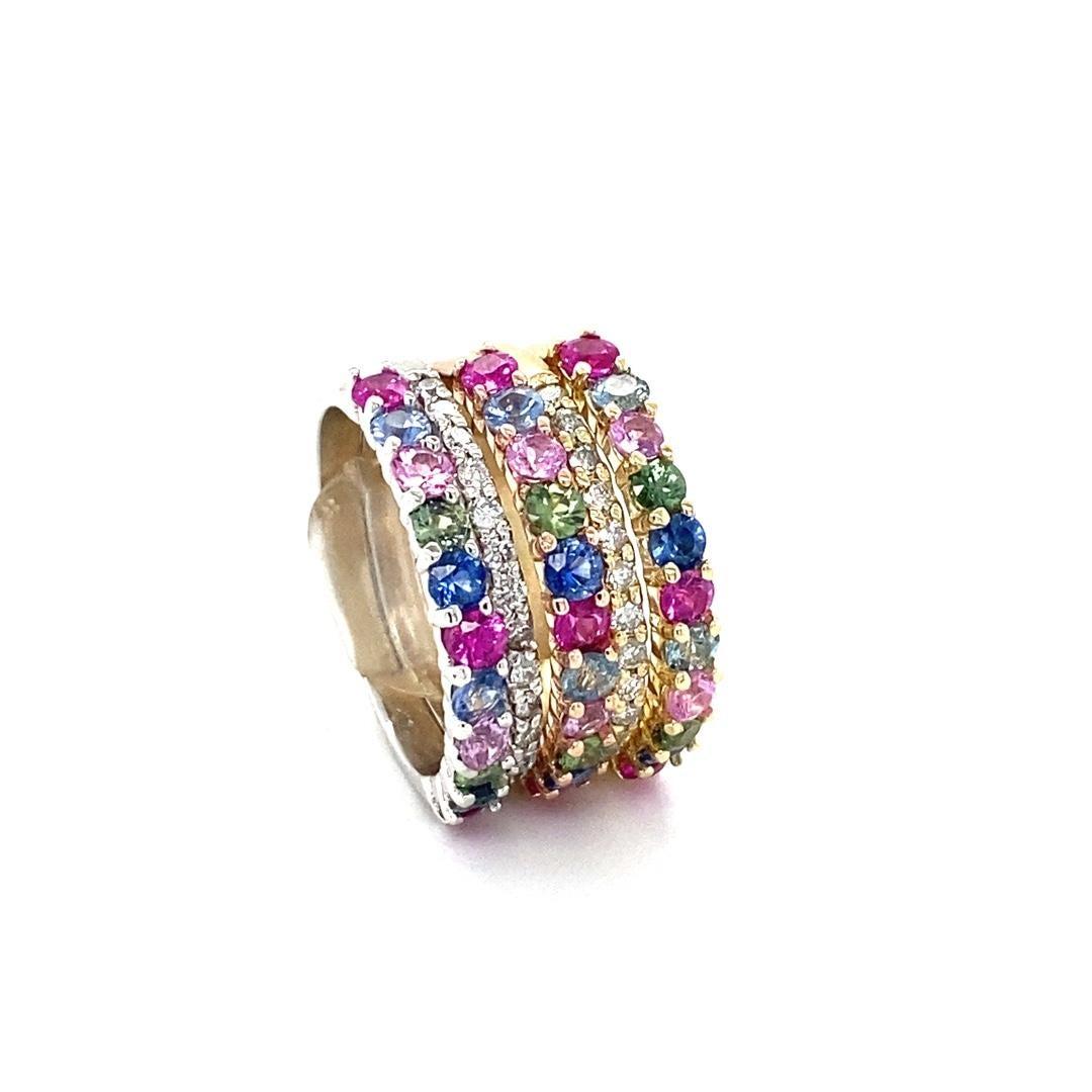 3.48 Carat Multicolor Sapphire Diamond Gold Stackable Bands