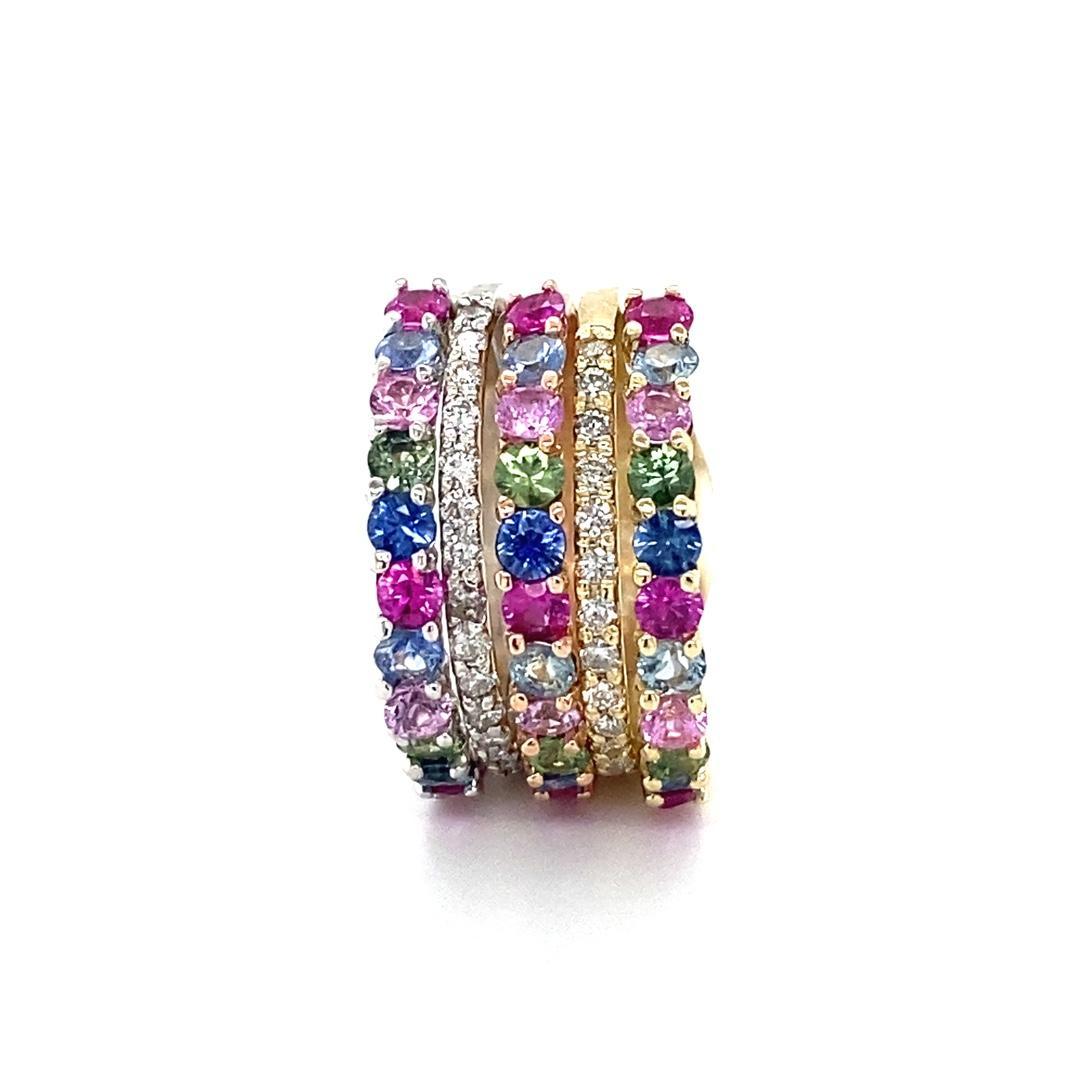 3.48 Carat Multicolor Sapphire Diamond Gold Stackable Bands