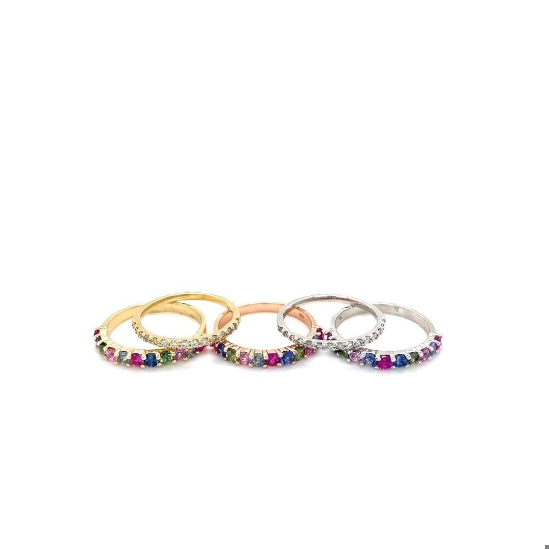 3.48 Carat Multicolor Sapphire Diamond Gold Stackable Bands