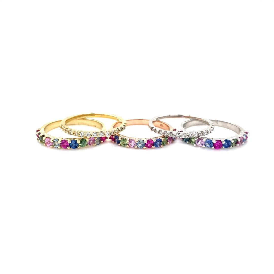 3.48 Carat Multicolor Sapphire Diamond Gold Stackable Bands