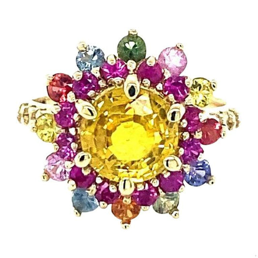 3.95 Carat Natural Yellow Multicolor Sapphire Diamond Yellow Gold Cocktail Ring