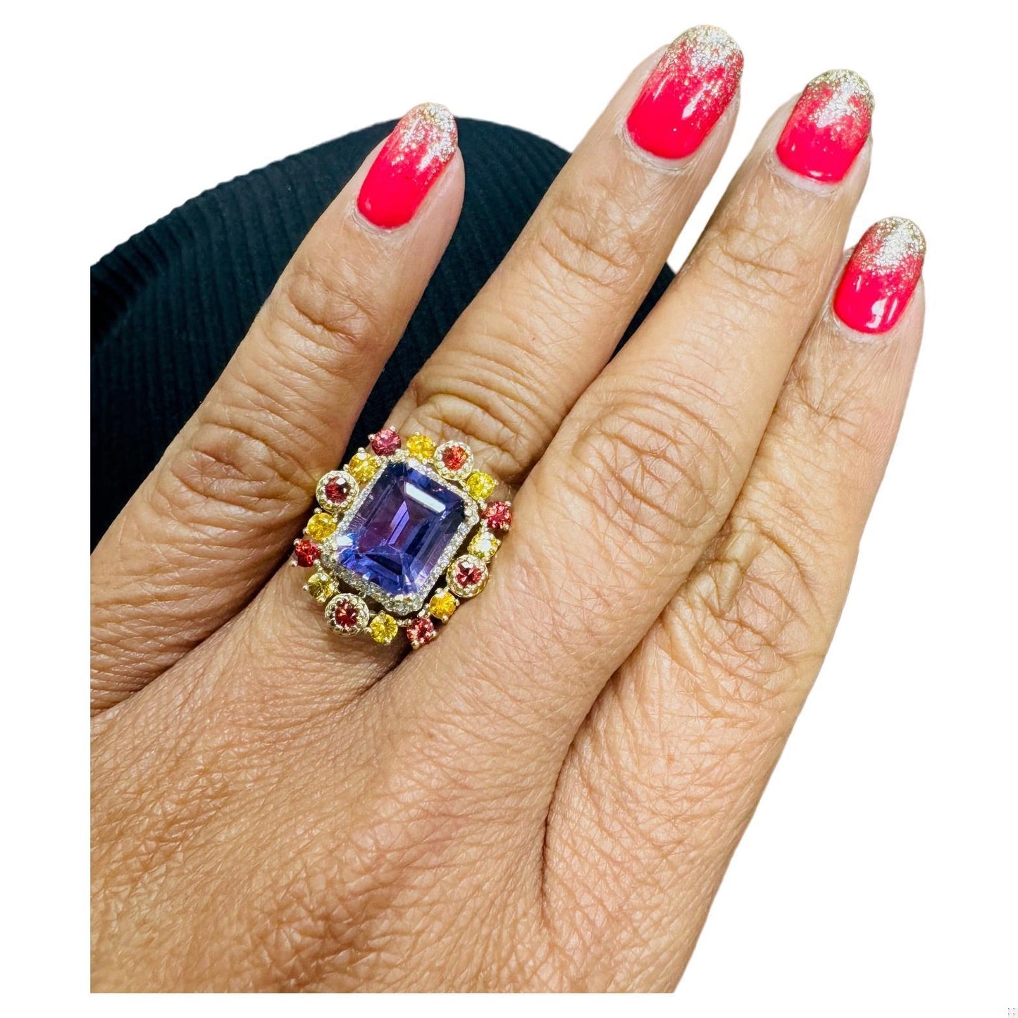 4.31 Carat Natural Amethyst Diamond Sapphire Yellow Gold Cocktail Ring