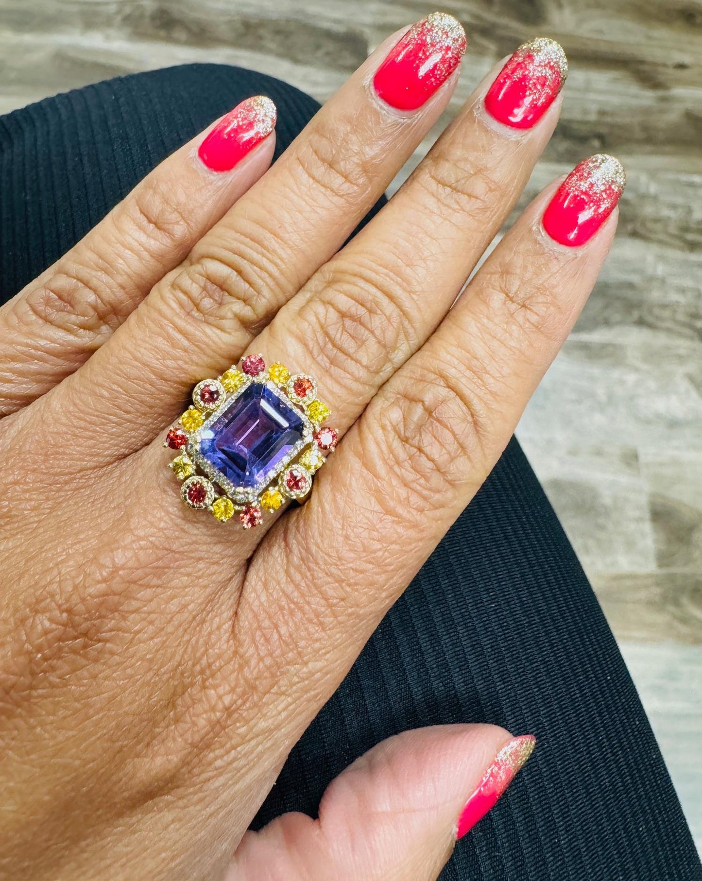 4.31 Carat Natural Amethyst Diamond Sapphire Yellow Gold Cocktail Ring