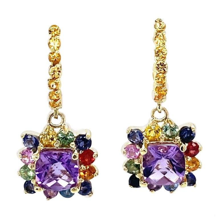 5.13 Carat Amethyst Multicolor Sapphire Drop Earrings