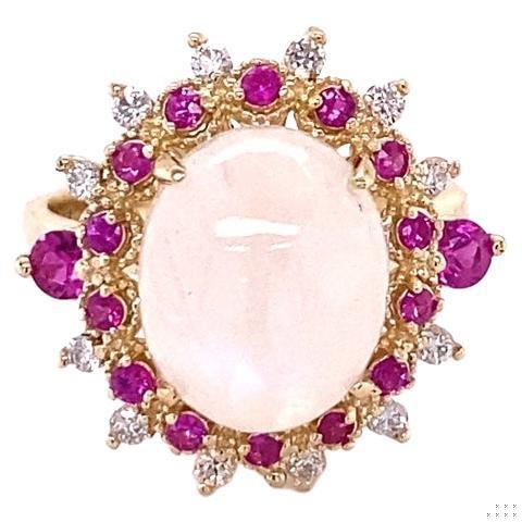 5.58 Carat Natural Moonstone Pink Sapphire Diamond Yellow Gold Cocktail Ring