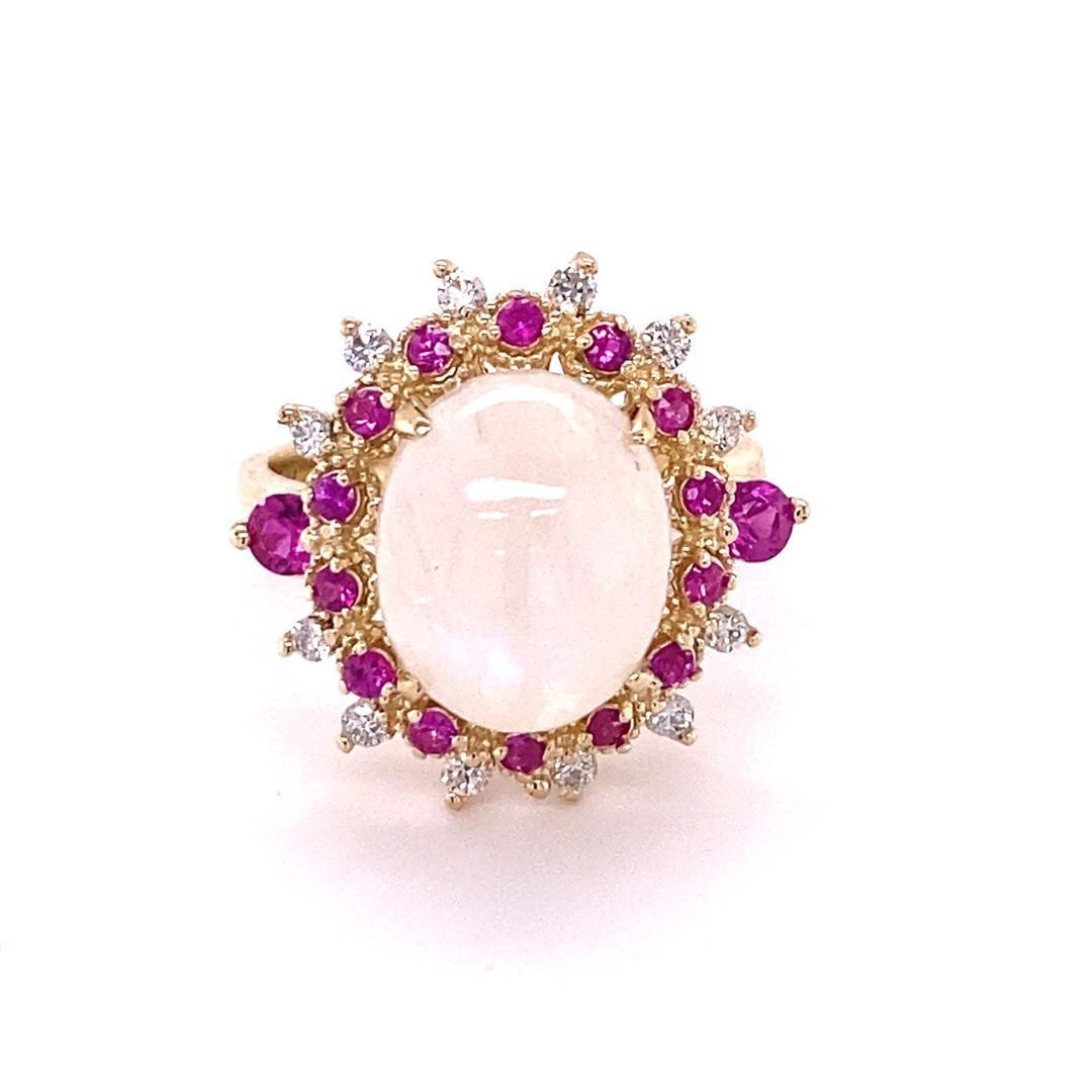 5.58 Carat Natural Moonstone Pink Sapphire Diamond Yellow Gold Cocktail Ring